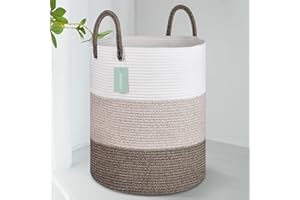 BOSROTY Large Blanket Basket, Tall Laundry Hamper 65L, Nursery Basket with Handles for Storage Toys Clothes Towels, Cotton Rope Woven Organiser, 40 x 50 CM, White & Gradient Brown