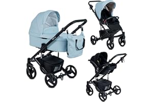 EMJOT Poussette Combinée Trio 3 en 1 Neri "Smooth" – Bleu Pastel - Landau, poussette promenade, siège auto "i-Size" Groupe 0+ - Livrée avec ses accessoires.