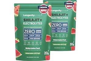 LONGEVITY DRIVEN Shilajit Pure Poudre D'électrolytes1620 mg pour Hommes et Femmes - Boisson Vitalité et Longévité avec Shilajit Himalaya, Magnésium, Sodium et Potassium, Arôme de Melon d'eau - 30 portions - X2