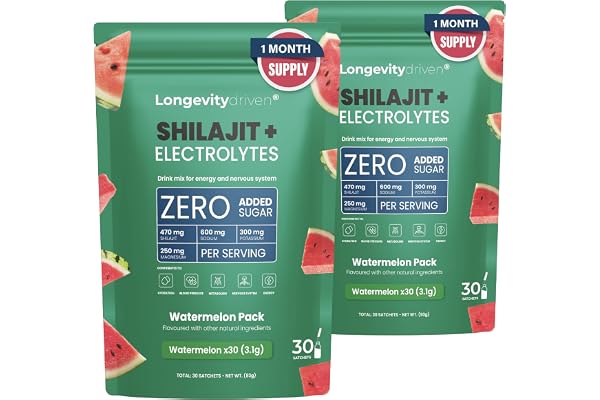Shilajit Pure Poudre D'électrolytes1620 mg pour Hommes et Femmes - Boisson Vitalité et Longévité avec Shilajit Himalaya, Magnésium, Sodium et Potassium, Arôme de Melon d'eau - 30 portions - X2