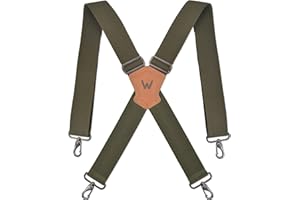 WELKINLAND Green 2" Wide Suspenders, Heavy Duty, 4 Hooks, 55 Inch Extended Length, Men's Camo Work Suspenders with Leather & Gun Metal Hooks
