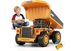 QIQUBOX Camion-Benne Télécommandé avec 2 Batteries Chantier RC avec Benne Métallique, Lumières et Sons, Cadeau pour Enfants Garçons Filles de 3 4 5 6 7 8 Ans pour Intérieur et Extérieur