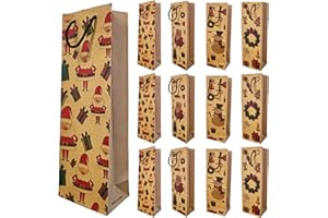 JOAKAUI 12 Pcs Christmas Bottle Bags Wine Bottle Bags Christmas Kraft Paper Wine Gift Bags 4 Styles Xmas Wine Bags with Strong Rope Handles Reusable Gift Bags for Christmas, Party, Wine Gifts