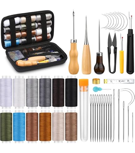 QWORK Kit De Couture En Cuir 52 Pièces - Fil Ciré 10 Couleurs, Outils De Poinçonnage, Aiguilles Et Accessoires