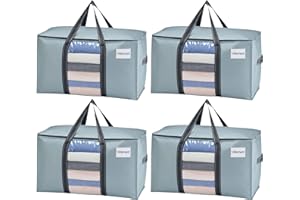 VENO 95 L Sac de Rangement Grand Pliables, Sacs de Déménagement Robustes avec Couvercle et Poignées Renforcées pour le Vêtement, Couettes et Linge de Lit, Sac à Linge(Bleu Clair, Lot de 4)