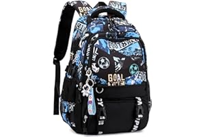 BANSUSU Football Print Boys Backpack School Bag for Elementary, Soccer Travel Backpack Secondary Rucksack for Boys, Football-Black+Blue