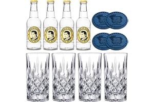 ALANDIA Premium l'eau Tonic | 4X Verres à Gin en Cristal | 4X Thomas Henry Tonic Water | 4X Dessous de Verres