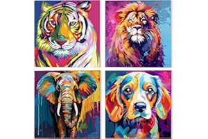 NAIMOER 4 Pack Framed Paint by Numbers Colorful Animals for Adults Kids, DIY Tiger Lion Painting by Numbers Elephant Dog with Wooden Frame, Art on Canvas Gifts Home Wall Decor 8x8in