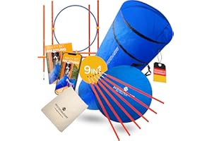 PfotenWunder® "9-in-1 - Agility Set Hunde groß + 21 Min. HUNDESCHULE - 6 Slalomstangen, 1 Tunnel, für kleine & große Hunde, Training Sport Spielzeug Cavaletti Parcour Steckhürdenset Zubehör Hürden