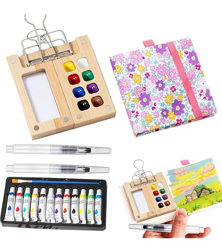 Tobios Watercolour Kit, Tobio Mini Watercolour Set, T-obios Mini Watercolor Paint Set Travel, Portable Painting Palette S-et, with Clip Brush Pen Sketchbook for Artists Painters Students (15 Grids