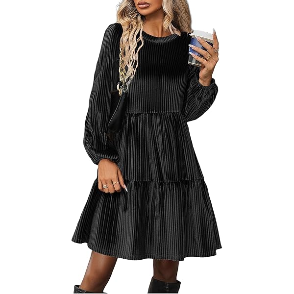 Zeagoo Damesjurken met lange mouwen, elegante lente- en herfstjurk, ronde hals, lichte trui-jurk, knielange vrijetijdsjurk, effen casual mini-jurk, S-XXL, zwart, M