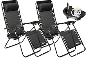 SUNMER Set of 2 Sun Lounger Garden Chairs With Cup And Phone Holder | Adjustable Headrest Pillow | Deck Folding Recliner Zero Gravity Outdoor Chair - Black
