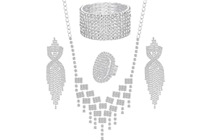 JeweBella Hochzeit Brautschmuck Set für Damen Kristall Strass Braut Halskette Ohrringe Armband Set Einstellbare Strass Ring Hochzeit Verlobung Braut Brautjungfer Prom Hochzeits Schmuck Geschenke