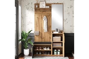 Juabett Kompaktgarderobe mit Spiegel und Sitzbank, Flurgarderoben mit Schuhschrank & Kleiderhaken, Flur Garderobe Set mit Regal & Haken,Flurmöbel Garderobenständer Flurschrank 100x38x185 cm/Holzoptik