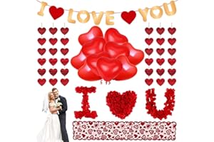 TDTOD Valentinstag Dekoration Set, Rot Romantische Deko, 1000 Rosenblätter Love Luftballons Herzen hängende Girlande Liebe Dich Banner und Tischläufer aus Roter Spitze für Valentinstag Hochzeit Deko