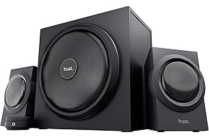 Trust Yuri Altavoces PC Gaming 2.1 con Subwoofer, 120 W, Jack 3,5 mm, Gestión de la Alimentación Inteligente, Sistema de Altavoces para Ordenador, Portátil, Smartphone, Tablet - Negro
