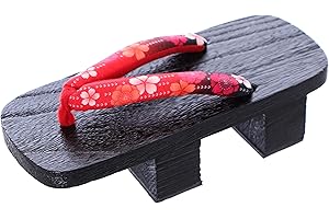 KAWAII-STORY K-G-25-4 Rojo Sakura Flores Negro Madera Japón Geta Doble Tacón Sandalias Tabi Kimono Geisha