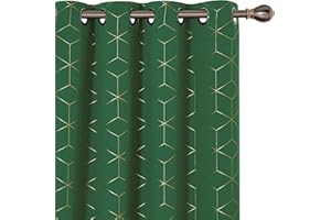 Deconovo Blackout Curtains, Noise Reduction Curtains, Eyelet Curtains, Gold Diamond Printed Thermal Insulated Curtains for Living Room, 46 x 90 Inch(Width x Length), Dark Forest, One Pair