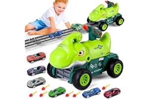 BunnyJOY Car Toy Set Dinosaur Play Truck Boys Age 3 4 5 6 7 8 with 6 Race Cars 6 Soft Rubber Missiles, Ejection Race Track, Birthday Gifts Vehicles Toys Set for Kids, Green