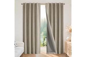 Joydeco Blackout Thermal Lined Curtains 66x90 Inch Drop 2 Panels with Back Tabs & Rod Pocket, 100% Light Blocking Linen Texture Fabric Curtain Drapes for Living Room Bedroom