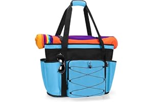 Fasrom Bolsa de playa grande de malla con fondo de cremallera, bolsa de playa mujer de gran tamaño con separación para seco y mojado para viajes a la piscina o a la playa Azul