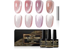Shining She Cat Eye Gel Nail Polish, 4 Colours Jelly Nude Pink Rose Gold Magnetic Nail Polish with Magnet Soak-Off UV/LED Holographic Cat Eye Gel Polish for Nail Art Salon DIY Home, 8ML
