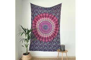 MOMOMUS Tapiz Mandala en Tela Multiuso - Arte Mural 100% Algodón - Ideal como Tapiz de Pared Grande, Tapiz Decorativo de Pared y Fina Manta de Yoga para Meditación - Lila, 135 x 210 cm