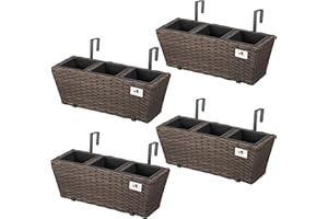 GARTENFREUDE Jardinera para balcón de polyrattan Incluye suspensión y 3 Insertos plásticos, Color Mocca, 4 Piezas, 47 x 17 x 15 cm