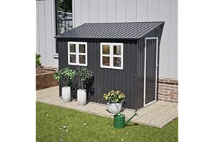 BIRCHTREE 4x8ft Lean To Garden Shed Metal Outdoor Storage Shelter Tool House Pent Roof with Windows, Vent, Foundation Kit and Lockable Single Door, Anthracite