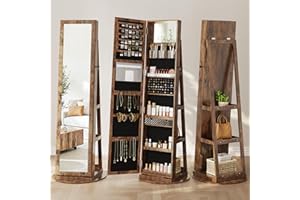 Dripex Rustic Brown Jewelry Organiser Mirror Wardrobe, 360° Swivel Jewelry Storage Wardrobe, Lockable, 3 in 1 Free Standing Mirror with Storage Shelves