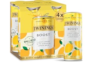 Twinings Boost - Lemon and Ginger Flavoured Sparkling Tea-Refreshing Fruity Beverage(4X250ml Cans)-No Added Sugar, Low in Caffeine/Calorie, Healthy Alternative,Antioxidant Rich,Vegan,Gluten Free