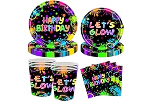 HFBOBP Happy Brithday Neonfarbenes Partygeschirr Set,Bunte Glow Partyteller und Servietten Geburtstag Party Deko Set für Geburtstagsdeko Junge Mädchen Partys,10 Gäste
