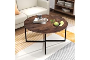 BOFENG Round Coffee Table Tea Table End Table Sofa Table for Living Room with Metal Legs, Black+Brown oak