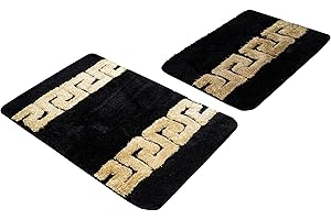 Belle Arti Luksusowa mata łazienkowa, dywanik łazienkowy, czarno-biały, złoty, meander, 100% akryl – puszysty, antypoślizgowy i chłonny (kolor czarny, zestaw 2 sztuk – 50 x 60 x 90 cm)