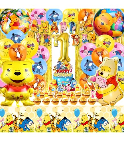Palloncini Compleanno Orso, 33 Pezzi Palloncino Forniture Kit, Incluso Striscione Compleanno, Palloncini Lattice, Topper per Cupcake, Palloncini Alluminio Orso