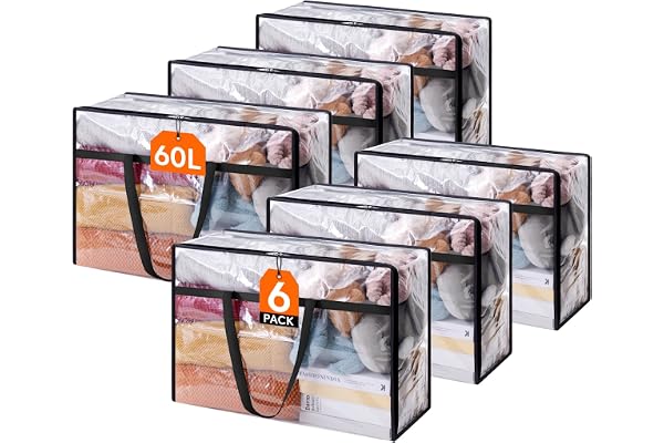 Lifewit-paket med 6 genomskinliga plastpåsar, 60L garderobsorganisator Förvaringslåda med lock Klädförvaring Flyttlådor med förstärkt handtag för täcken, kläder