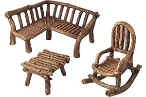 GlitZGlam Accessoire Jardin Féerique Miniature 3 Pièces : Banc, Chaise à Bascule et Table Miniature en Bois Rustique