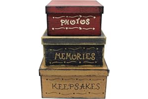 CVHOMEDECO. Primitive Vintage Square Photos, Memories, Keepsakes Cardboard Nesting Boxes, Large 9 x 9 x 4.5 Inch. Set of 3.