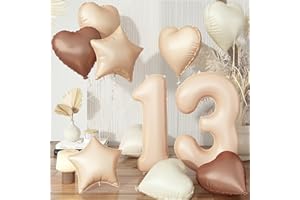 GOVPY Geburtstagsdeko 13 Jahre für Mädchen, Braun Zahl 13 Luftballon Cremefarbene Kaffee Herz Deko, Nude Creme Beige Aprikose Ballon 13 Neutraler Stern Folienballon für 13. Geburtstag Party Dekoration
