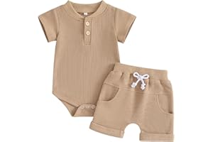 Carolilly 2Pz Completino Neonato Maschio Set Coordinato Estivo Tuta Neonato Maschio Pagliaccetto Maniche Corte con Bottoni Body Estiva Neonato + Pantaloncini