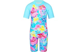 HUAANIUE Filles Maillot de Bain 1 Pièce 2-12 Ans, Anti-UV UPF 50+ Manches Courtes, Fermeture Éclair Frontale, Imprimés Colorés, Idéal pour Plage et Piscine