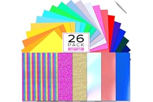 CHEPULA HTV Heat Transfer Vinyl Bundle 26 Pack, 12" x 10" Glitter Colors Permanent Iron on Vinyl for Cricut, HTV Vinyl Sheets for DIY T-Shirt, Clothes, Hats and Other Textiles(26 Sheets)