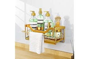 MainPi Organizador Bajo Fregadero Cocina,Soporte Esponja Cocina con Toallero,Organizador Estropajo Fregadero con Bandeja Drenaje,Porta Estropajos Almacenamiento(Dorado)