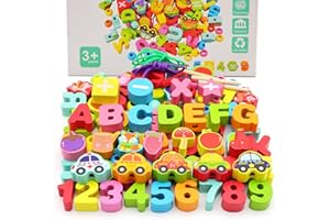 WYSWYG 100PCS Threading Toys for 3 4 5 Year Olds Girls Boys, 2 in 1 Wooden Big Lace Beads Blocks,Fine Motor Skills Threading Beads Gifts