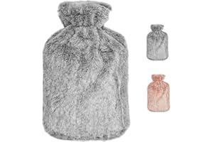 Alles Gute Hot Water Bottle with Cover - PVC 2.0L Hot Water Bag with Soft Fluffy Cover for Adults & Kids, Hand Feet Warmer, Neck and Shoulder Pain Relief, Grey