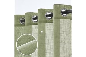 Woaboy Leinen Grün Gardinen Kruz Halbtransparent Vorhänge Leinenoptik Wohnzimmer mit Ösen Stores Gardine Schlafzimmer Modern Ösenvorhang Schlaufengardinen 2er Set 140x175cm (BxH) Grün