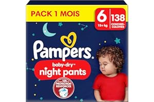 Pampers Night Pants Couches-Culottes Pour La Nuit Taille 6 (15+ kg), 138 Couches-Culottes Bébé, Pack 1 Mois, avec une Protection Renforcée pour la Nuit, Maintenant avec Plus de Couches