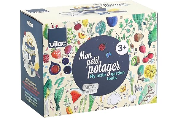 Vilac Liten grönsaksträdgård-set transplanterare och kratta i trä och metall + förvaringsväska - perfekt för att upptäcka trädgårdsarbete, växtlivscykler och pollinatorer, 3804G