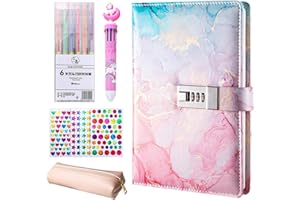 BRINNY Dziennik z zamkiem dla dziewcząt Zeszyty pamiętniki notatnik chroniony hasłem prywatny dziennik w linie twarda okładka A5 z 3 naklejkami 6 zakreślaczami i długopisem i piórnikiem 10 w 1