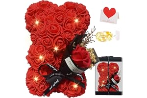 Zodight Rosenbär mit Geschenkbox + Glückwunschkarte + Lichterkette, Rosenbär mit Infinity Rosen, Ewige Rose Teddybär Handgemachter für Valentinstag Muttertag Geburtstag Hochzeit Jahrestag Geschenk